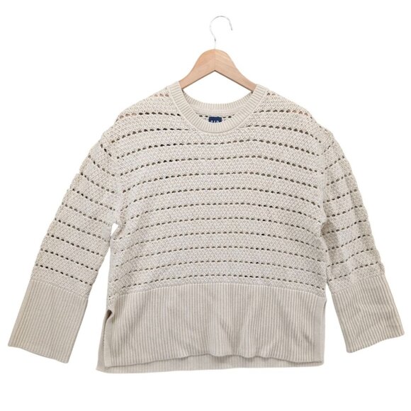 GAP Crochet Split Hem Sweater Womens Oatmeal Beige Cotton Pullover Size PS - Picture 1 of 8